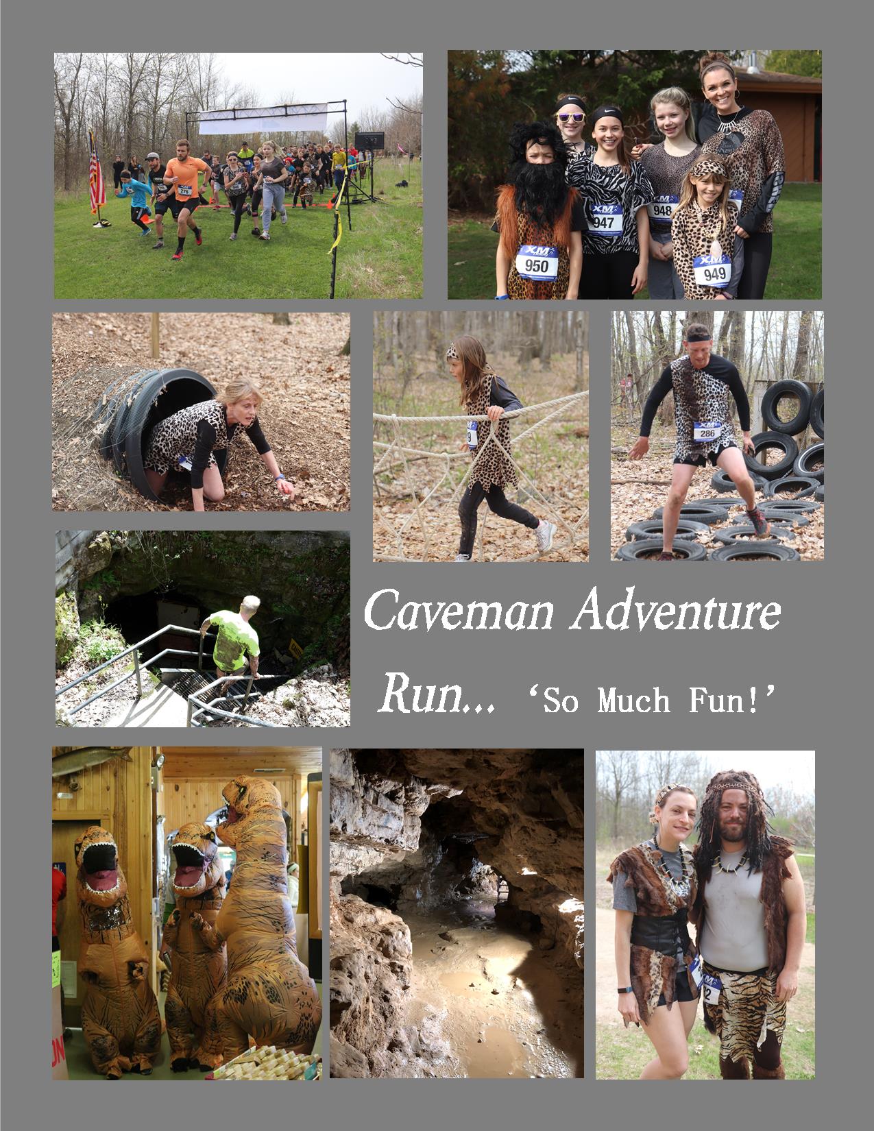 A poster showing photos of people participating in the caveman adventure run.