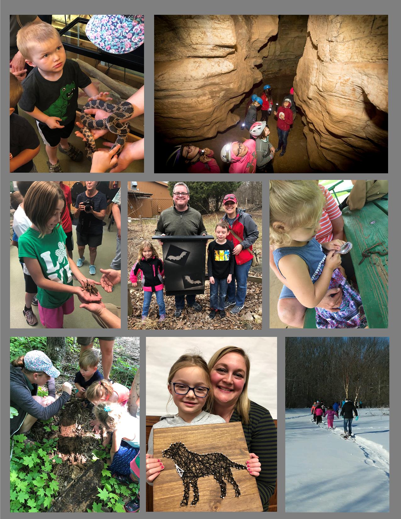 A collage of pictures of people doing different programs at Ledge View Nature Center.