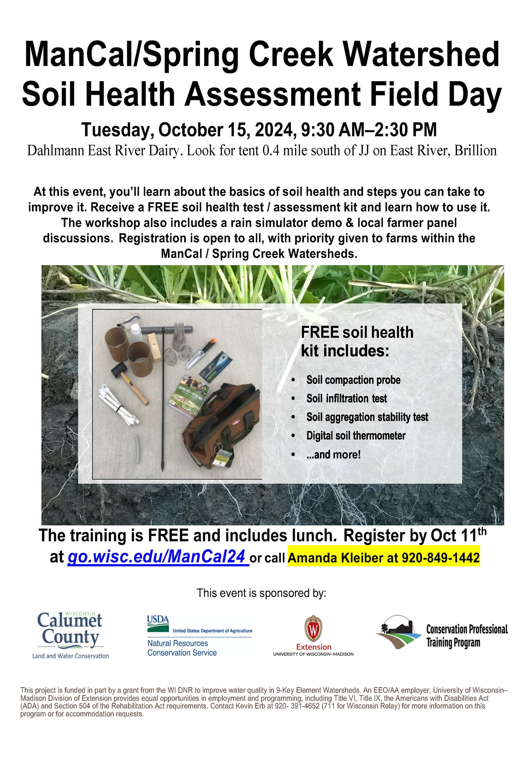 Event Flyer providing details on ManCal/Spring Creek Watershed Soil Health Assessment Field Day